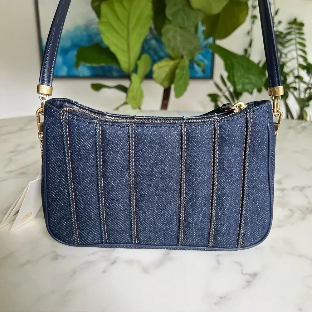 NWT Tory Burch Kira Denim Mini Quilted Crossbody Shoulder Bag Gold Navy Blue